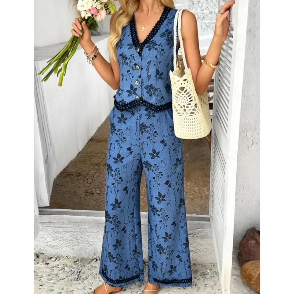 

Spring Summer Bohemian Printed Lace Cardigan Vest Long Pants Women's 2 Piece Fashion Casual Elegant Female Pocket Long Pants Set