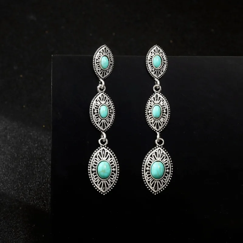 

New personalized long earrings, retro Bohemian turquoise oval 3-section earrings wholesale