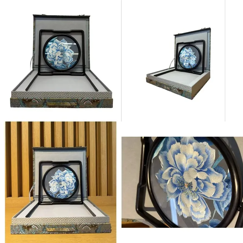 Luxury Handmade Traditional Silk Embroidery Plant Table Screen Art Deco Custom Logo Home Office Hotel Interior Decoration