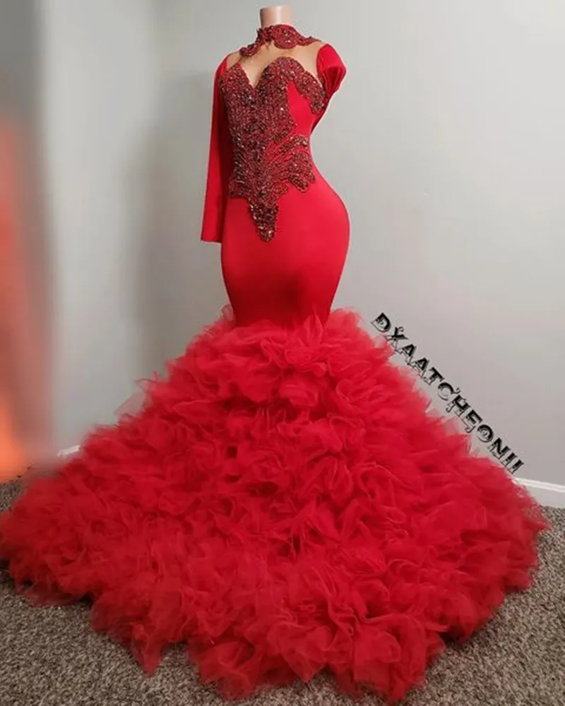 Arabic Aso Ebi Red Prom Formal Dresses with Long Sleeve Lace Beaded Ruffles Skirt Tutu Mermaid African Black Girl Evening dress