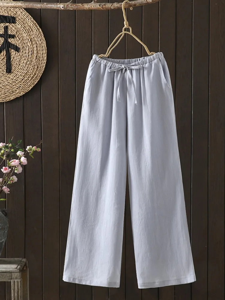 Artistic High-End Cotton Linen Wide Leg Pants Women Summer Thin Soft Drape Casual Pants Slimming Linen Wide Leg Trousers