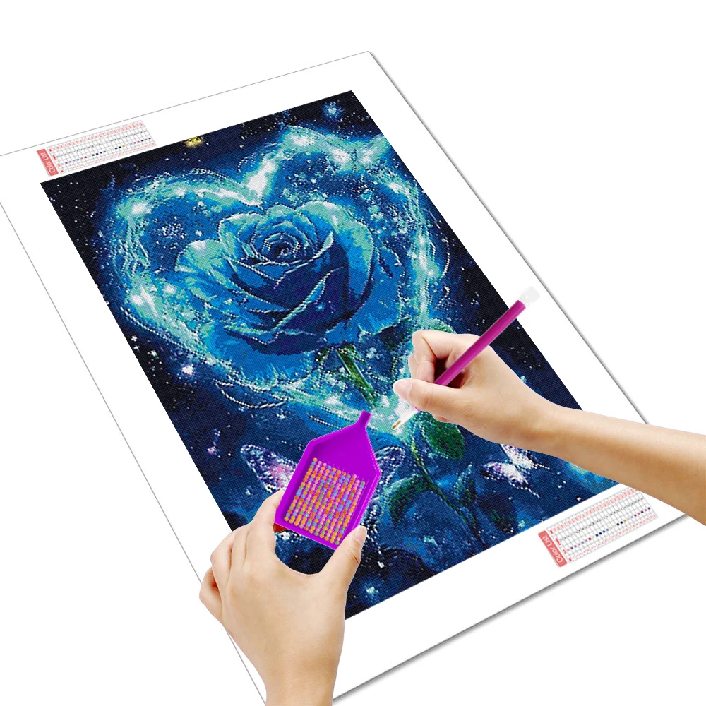 Huacan Full Square Round Diamond Painting Blue Rose Butterfly Diamond Embroidery Filower Complete Kit Home Decoration