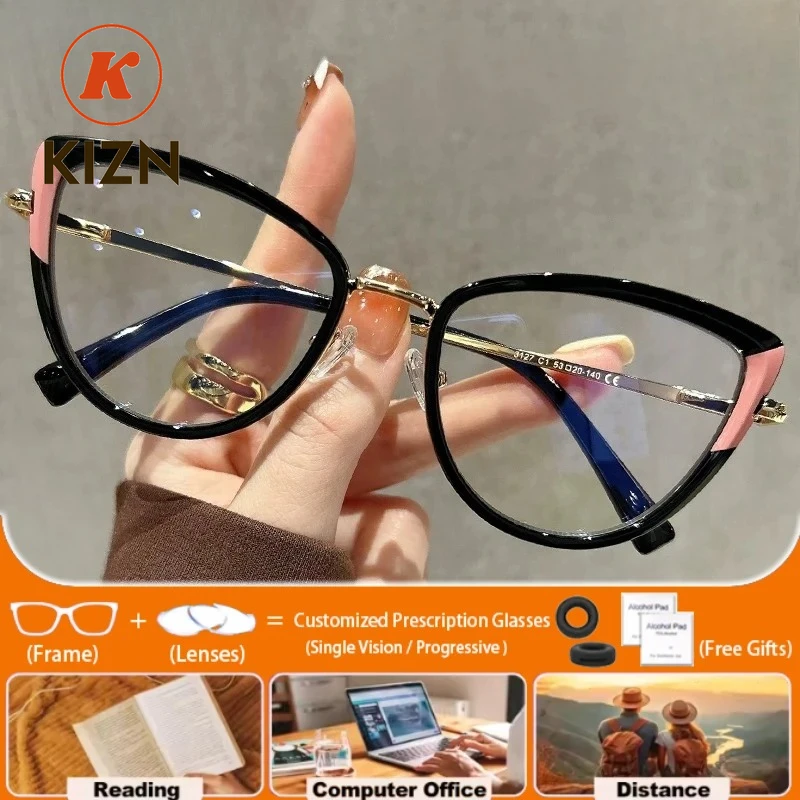 

KIZN простые очки «кошачий глаз» по индивидуальному заказу, женские модные мультифокальные очки для чтения, близорукость, оптические рождественские очки
