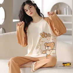 Cotton High-Quality Pyjamas Women Autumn and Winter Long-Sleeved Two-Piece Fresh Mint Green Plaid Loungewear Cartoon Bear Girl