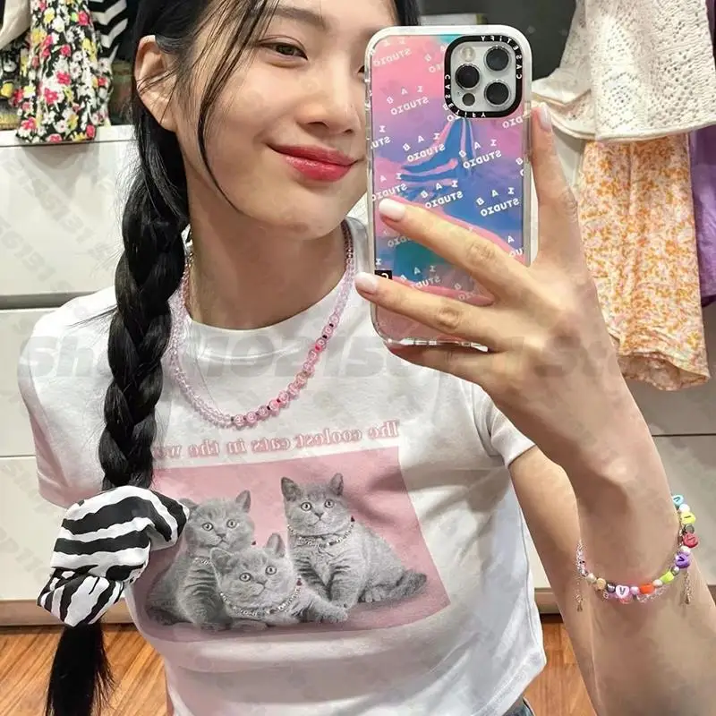 

High Street Harajuku Retro Letter cat Fashion Kawaii Print O Neck Short Sleeve Top Short Navel Sexy Women Clothing grunge Y2K