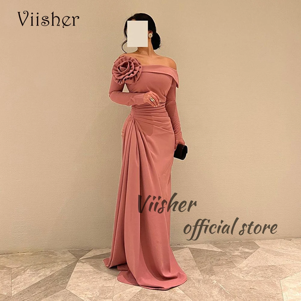 

Viisher Dusty Pink Mermaid Evening Dresses Off Shoulder Arabian Dubai Formal Occasion Dress with Train Long Prom Party Gowns
