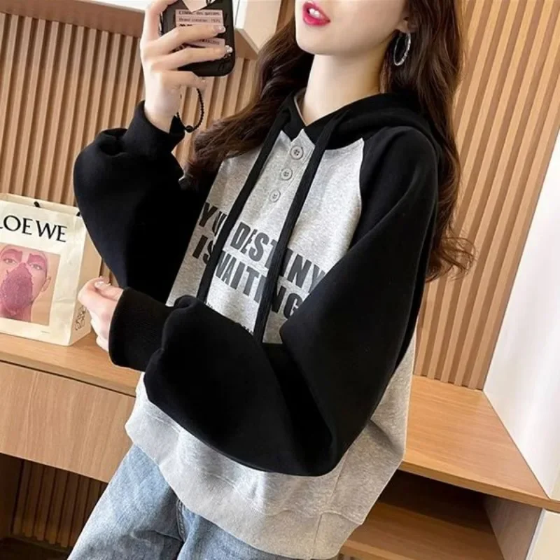 

Hoodies Letter Printing Baggy Women's Hooded Sweatshirts Text Loose Sweat-shirt Cotton Casual Female Top On Promotion Basic Xxl