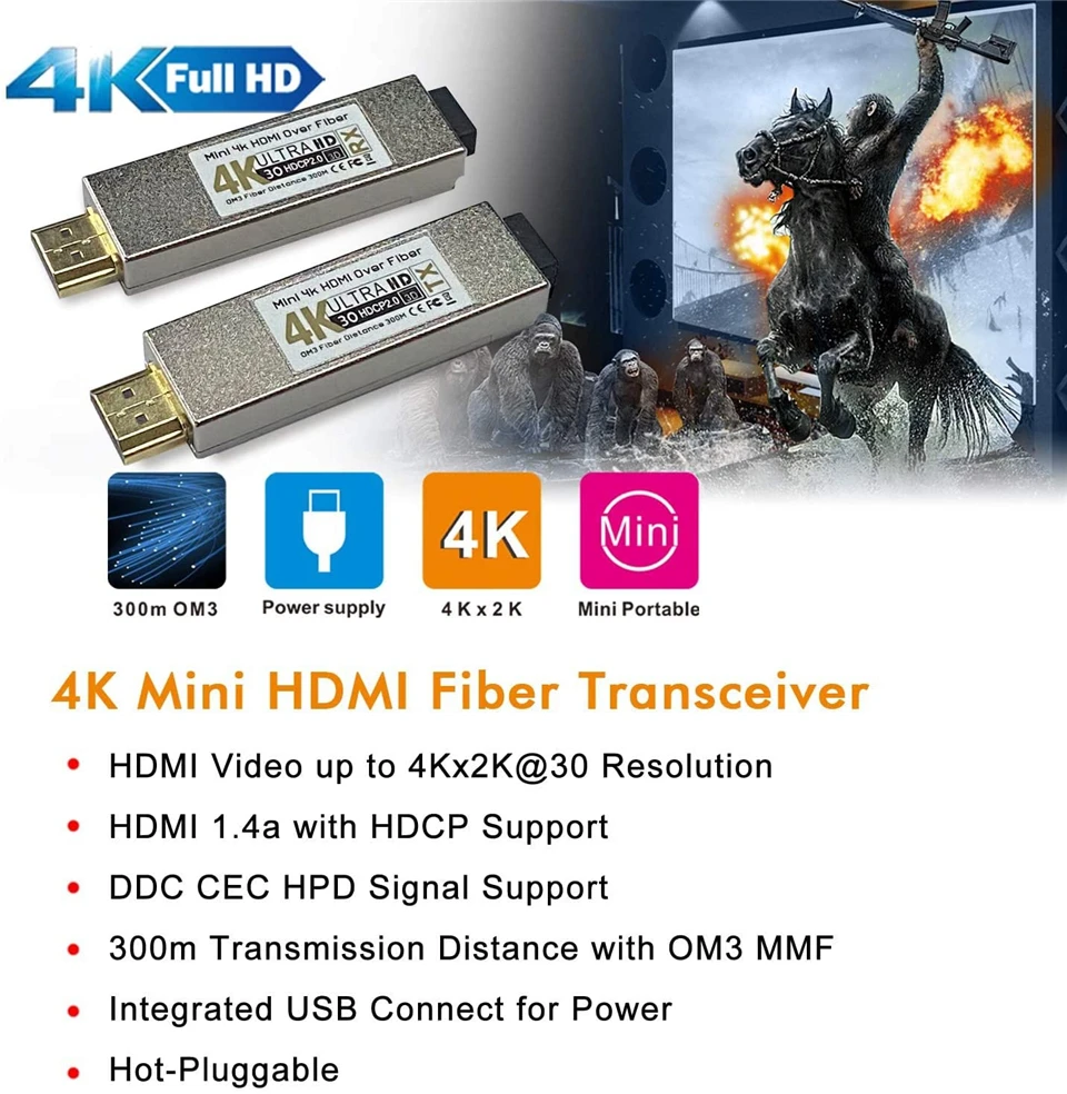 4K Mini 300m HDMI Over Fiber Optic Converter No Delay Loss Optical Fiber Extender Transmitter HDMI 1.4v Over OM3 Multimode Cable