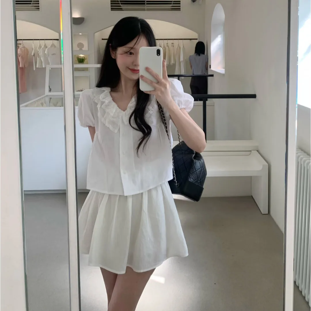 

Sweet Tannat Vintage Bubble Sve V-Ne ort Sve Lace irt Dongda Gate Sle Женский повседневный дышащий летний топ