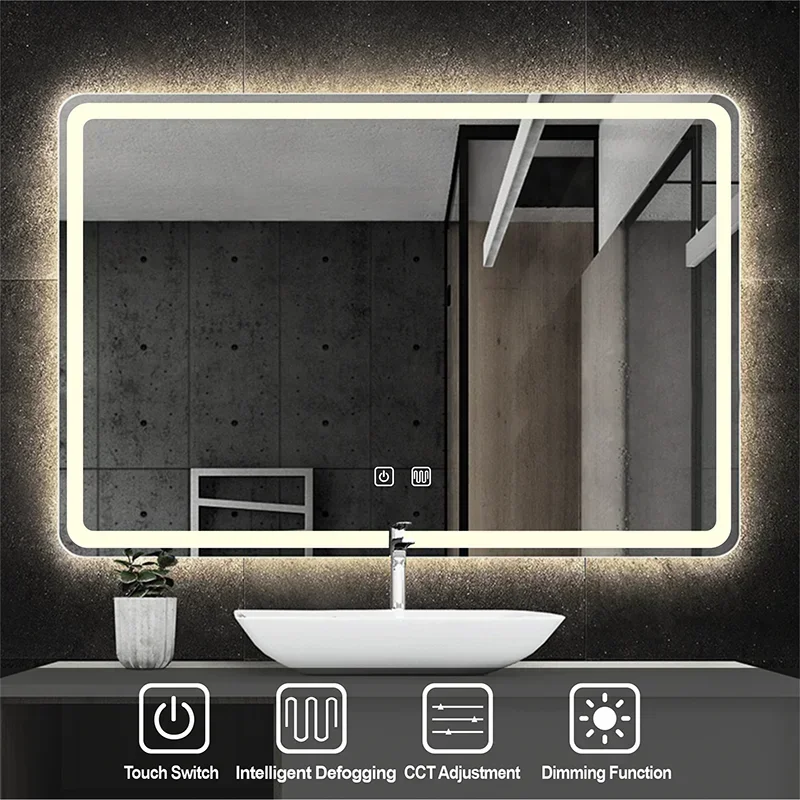 

Прямоугольное умное зеркало для ванной с трехцветной LED-подсветкой, функцией антизапотевания, сенсорным управлением и регулировкой яркости, для макияжа