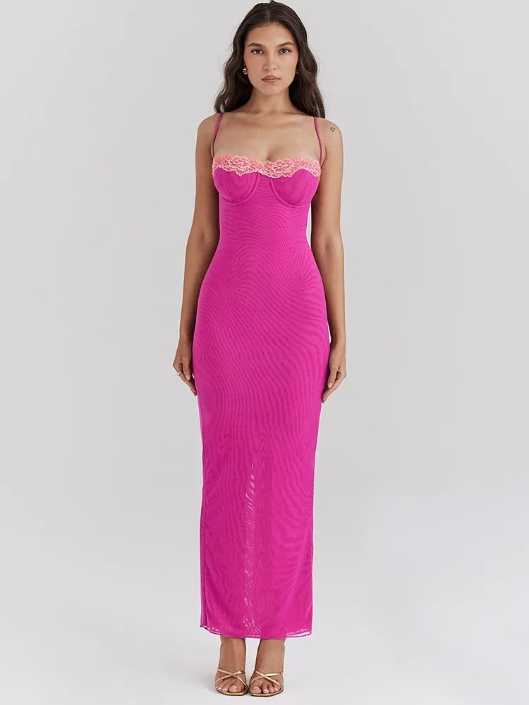 Robe Maxi moulante en dentelle pour femmes, bretelles Spaghetti, Patchwork, mode, sans manches, dos nu, Sexy, robe de soirée élégante