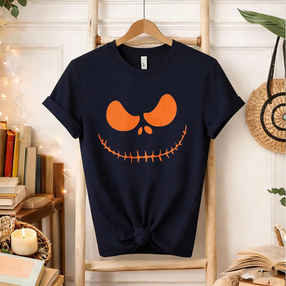 Halloween Pumpkin Face Graphic T‑Shirt Men Women Spooky Stitched Smile Orange Print Crew Neck Casual Holiday Party Costume Tops
