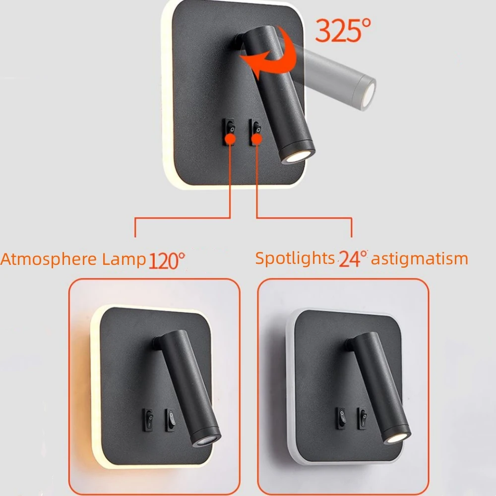 Светодиодный настенный светильник 220 В переменного тока с подсветкой, вращающийся регулируемый прожектор для отеля, учебы, чтения, спальни, прикроватная лампа, точечные светильники