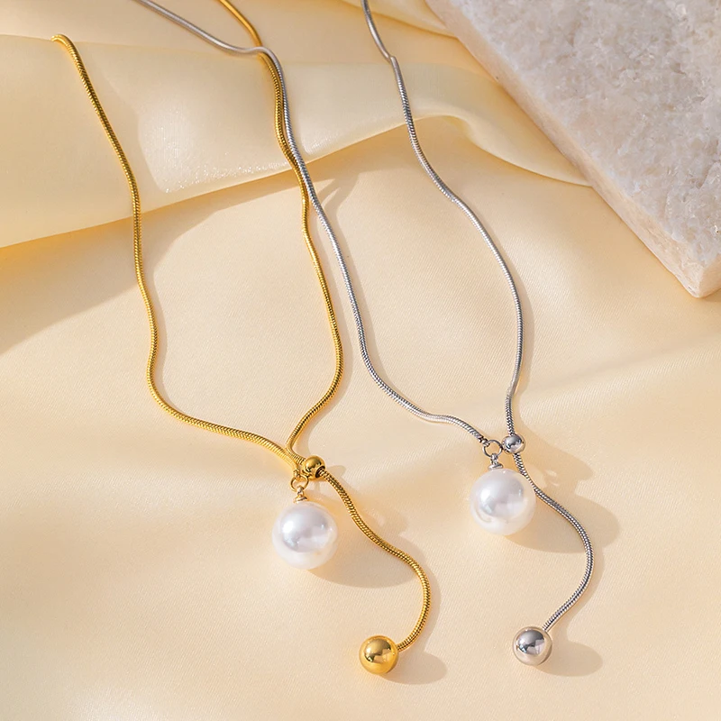 ANENJERY 316L Stainless Steel Knot Lucky Beads Imitation Pearl Necklace for Women Long chain Temperament Jewelry Gifts Wholesale
