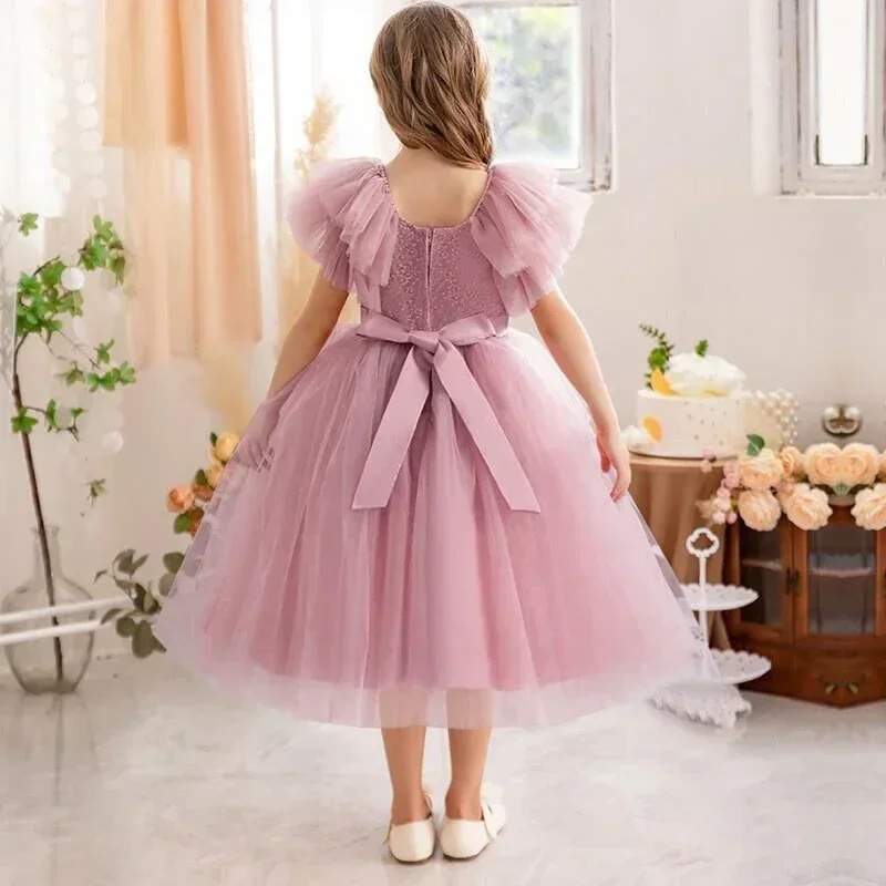 Ruffles Elegant Wedding Party Dress for Kids Girl Lace Flower Princess Dress for Girls Birthday Party Gown Holiday Kid\'s Dress