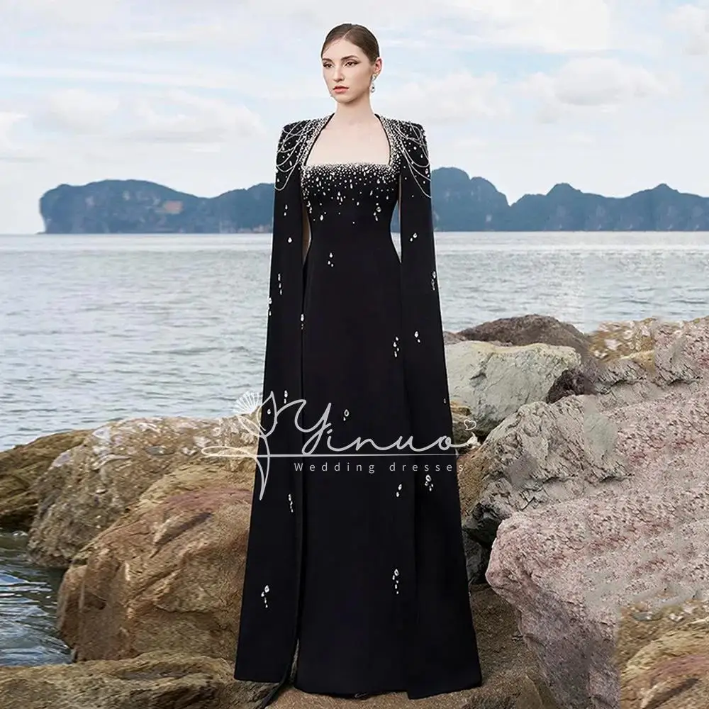 Saudi Arab Formal Occasion Dresses Long Sleeves Crystal Rhinestone Black Party Gown Floor Length Arabian Evening Dress for Woman