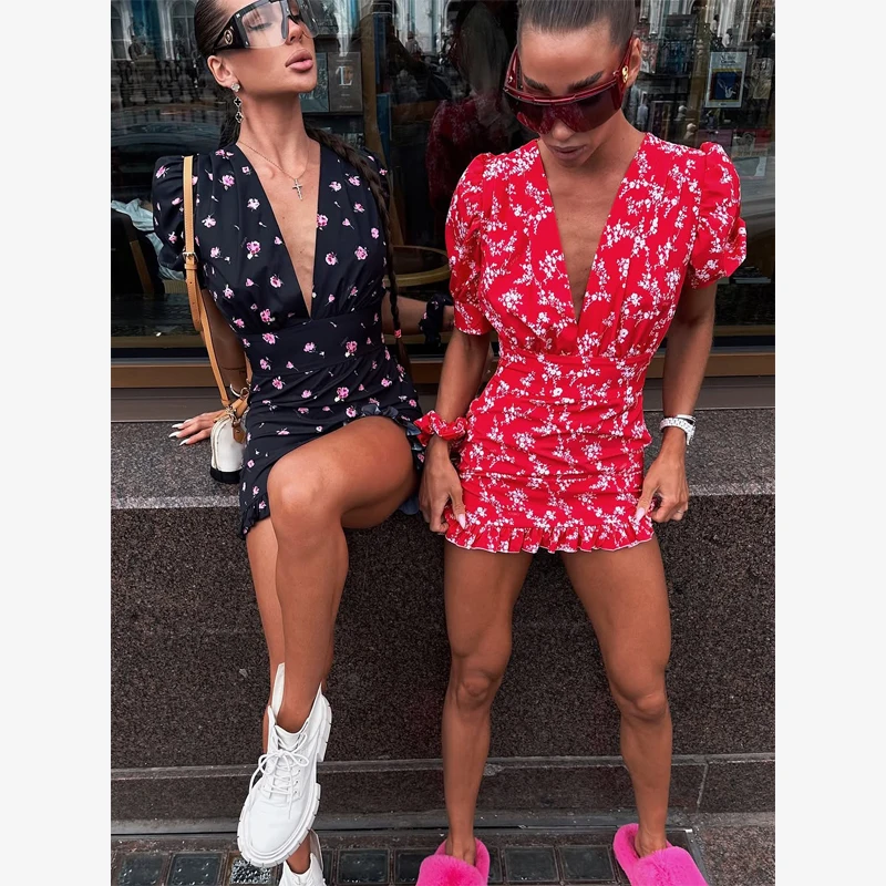 Chic Printed Slim Fit Mini Dress Women Elegant V-neck Puff Short Sleeves Waist Cinching Dresses 2026 Summer Lady Party Robes New