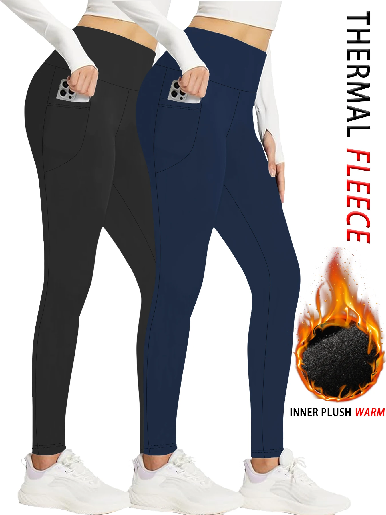 Paquete de 2 mallas térmicas con forro polar para mujer con bolsillos, cintura alta, Control de barriga, entrenamiento, pantalones gruesos cálidos de invierno