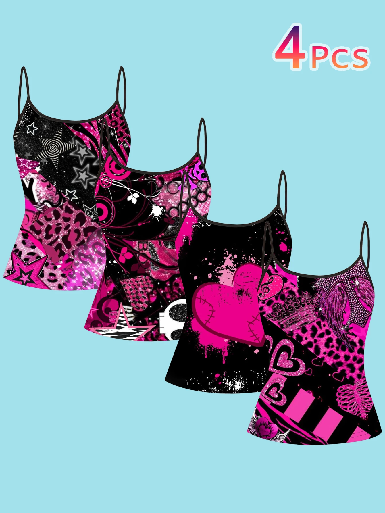 4-Piece Set of Black and Pink Y2K Millennium Print Camisoles for Women, Leopard Print Star Patch Heart Punk Slim-Fit Spaghetti Strap Tops