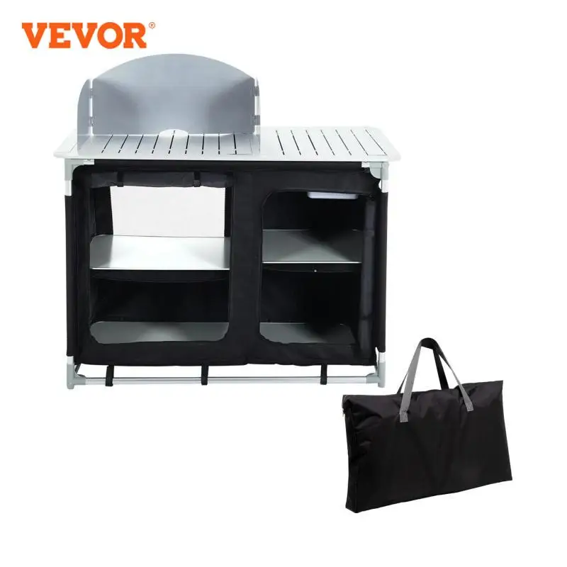 VEVOR พับได้โต๊ะในครัวแบบพกพาโต๊ะ2-Tier Organizer Al กรอบ MDF Board Oxford กระเป๋าสีดำ