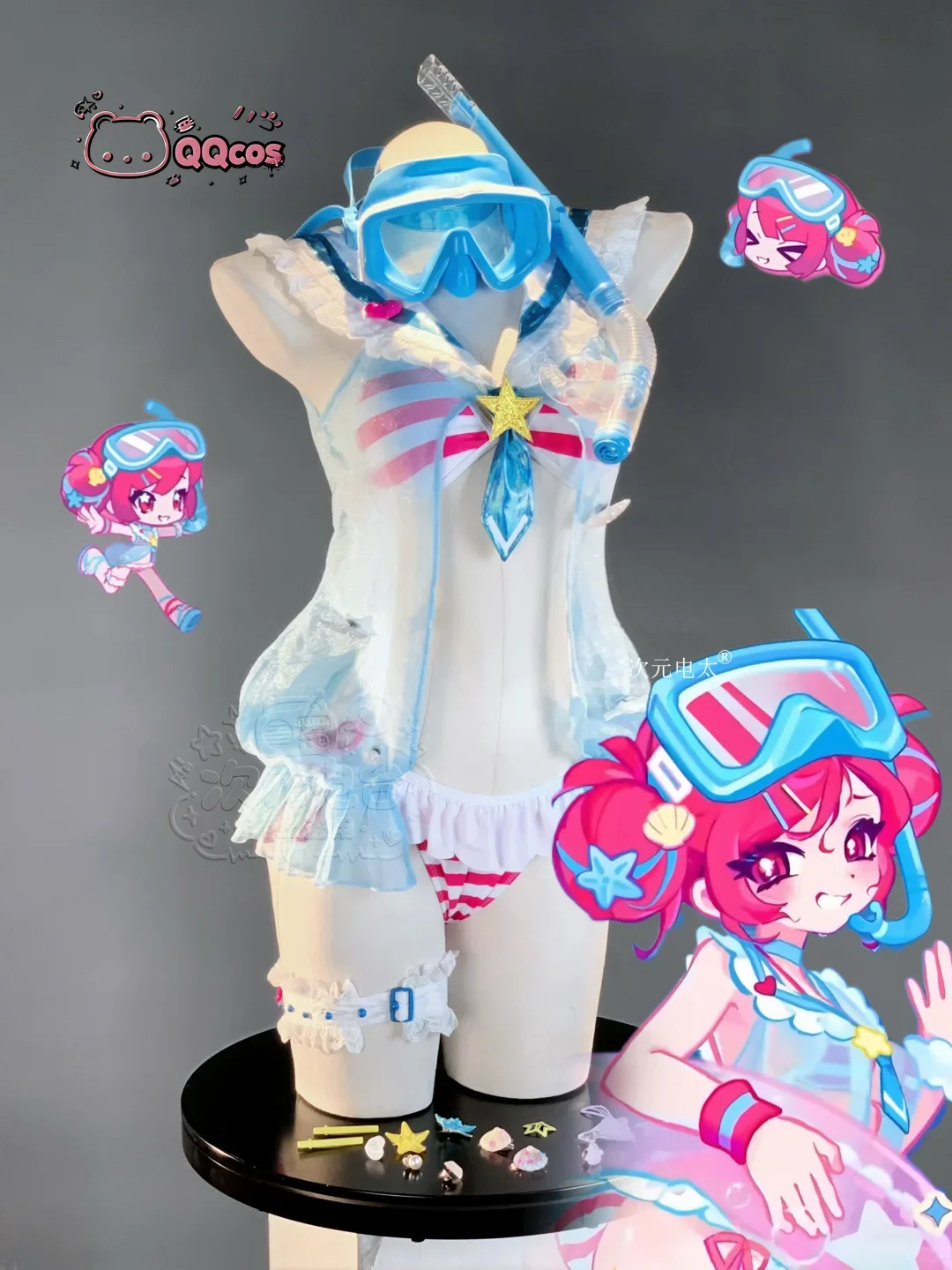 QQcos Buro Diver Game Cosplay Series: Muse Dash Buro Diver - Traje de baño rosa de verano para playa, conjunto completo de cosplay