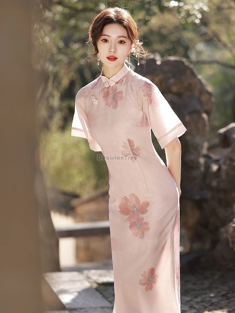 

2024 new chinese summer women improved pink cheongsam dress light elegant big sleeve stand collar retro printed qipao dress b194