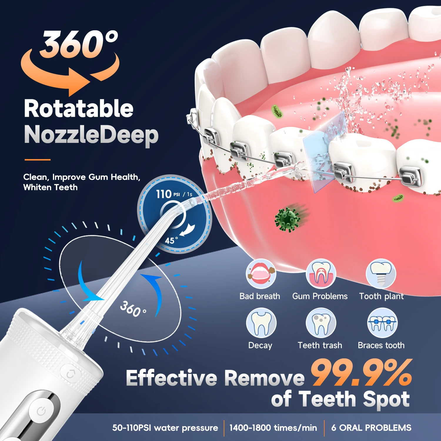 Cordless Acqua Dentale Flosser 4 Jet Tips 4 Modalità 260ML Portatile Ricaricabile Irrigatore Orale IPX7 Impermeabile per la Cura delle Gengive