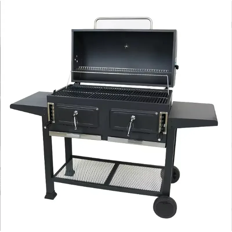 Portable Outdoor Wood Charcoal BBQ Grill Large Smoker with Trolley and Foldable Double Side Table