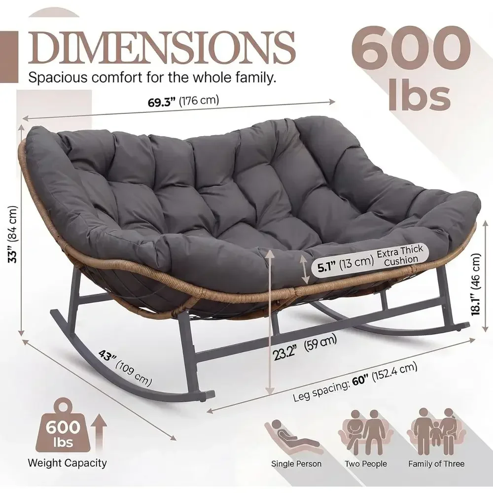 Grey Heavy-Duty Outdoor Indoor Wicker Rocking Chair with Cushion, Supports Up to 700 lbs