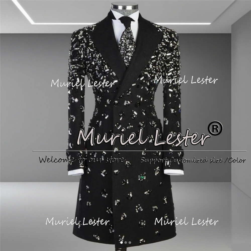 

Metallic Jewelry Stones Wedding Suits For Men Outfits Double Breasted Long Coat With Pants 2 Pieces Man Banquet Party Groom Tuxe
