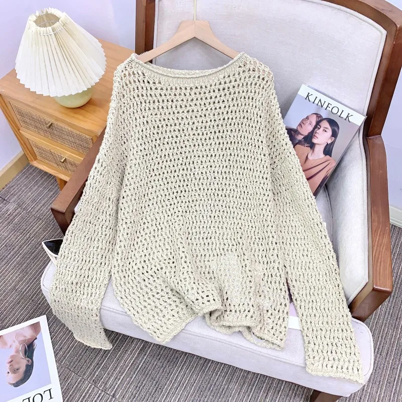 

Вязаный свитер с вырезами и ручной отделкой в стиле русалки, из хлопка, с длинными рукавами, круглым вырезом, средней длины, повседневный трикотаж