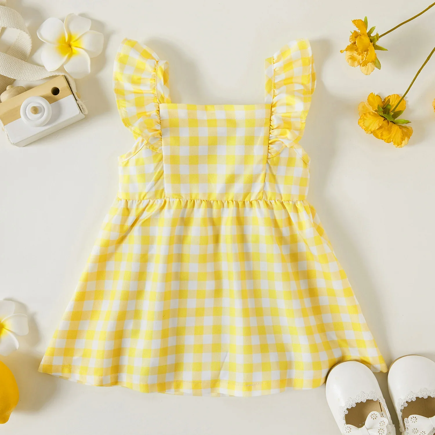 PatPat 1pc Baby Girl Plaid&Lemon&Fruit Sweet Dress Suitable for Summer Season Soft and Comfortable Perfect for Outings