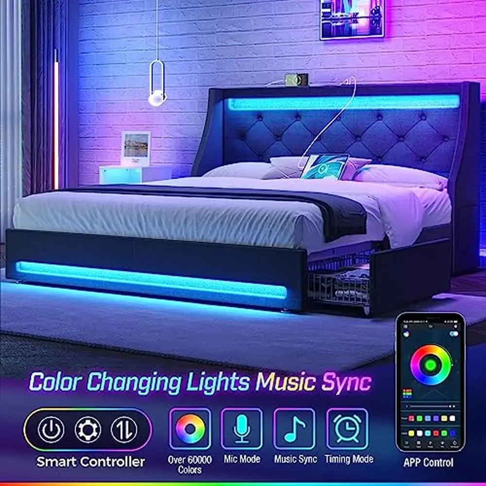 إطار سرير مزدوج حديث، أضواء LED، أدراج محطة شحن USB، قماش كتان رمادي