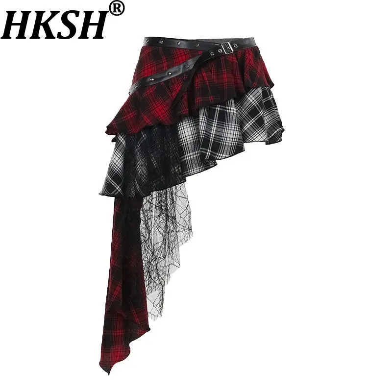

Женская короткая юбка HKSH с асимметричными складками, в клетку, с кружевными вставками и поясом, в американском ретро-стиле Y2K, трендовая, летняя, HK22750