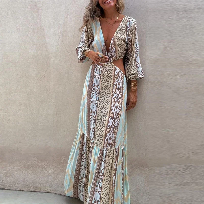 

Sexy Backless Lace-up Hollow Vacation Long Dress Women Elegant V-neck Long Sleeve Wasit Party Dress Fashion Print Bohemian Dress