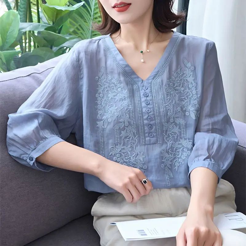 Summer Elegant Fashion New Blouse Women Button Prairie Chic V Neck Three Quarter Sleeve Solid Color Embroidery Loose Casual Top