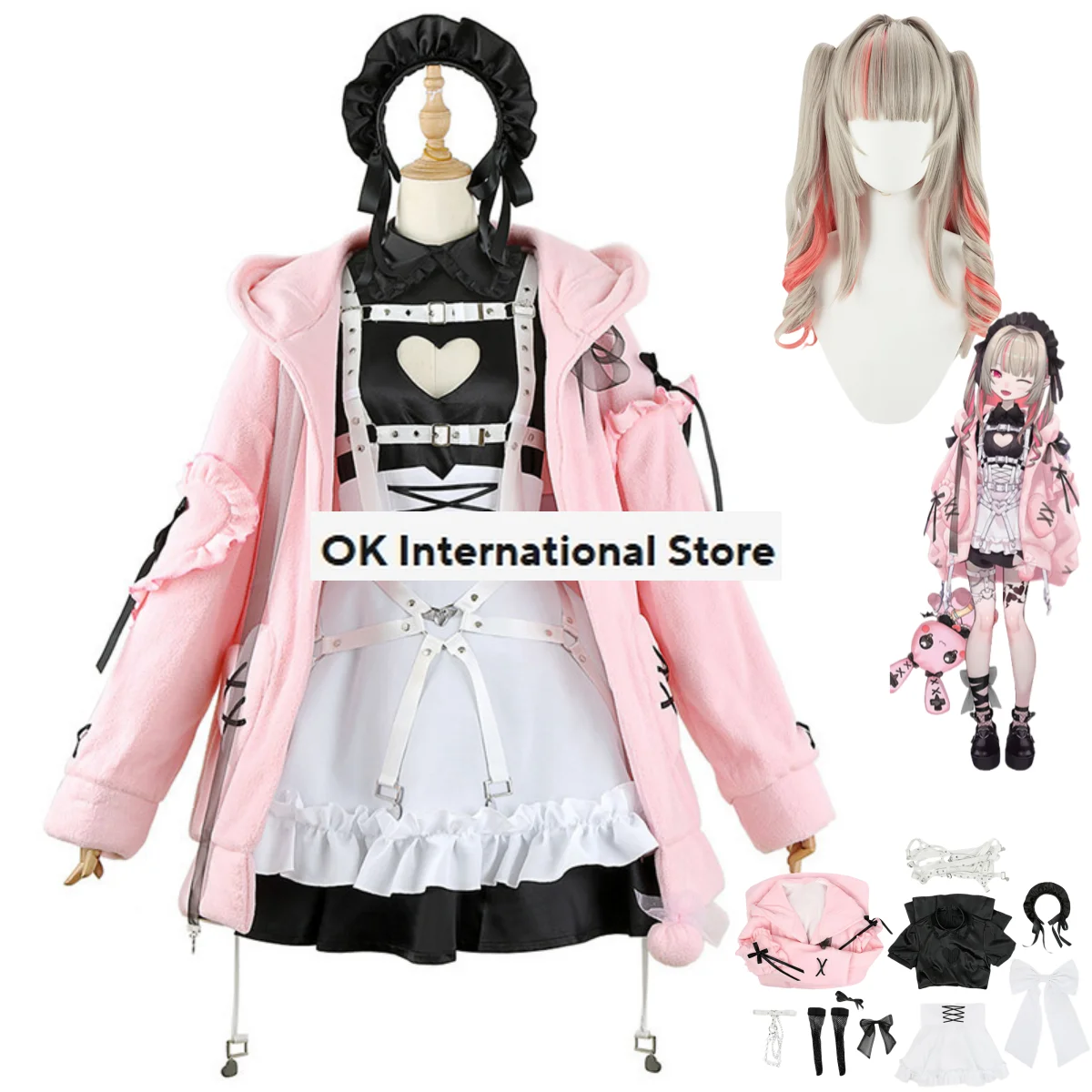 Virtual Youtuber Nijisanji Gamers Makaino Ririmu Cosplay Costume Vtuber Pink Maid Attire Lolita Wig Woman Kawaii Christmas Suit