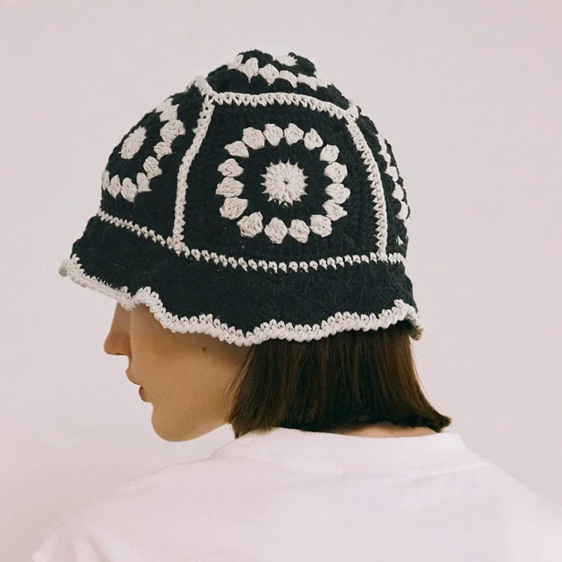 2024  Flower Crochet Bucket Hat Women Summer  Handmade Knit Beanies INS y2k  Korean Fashion  Panama Cap