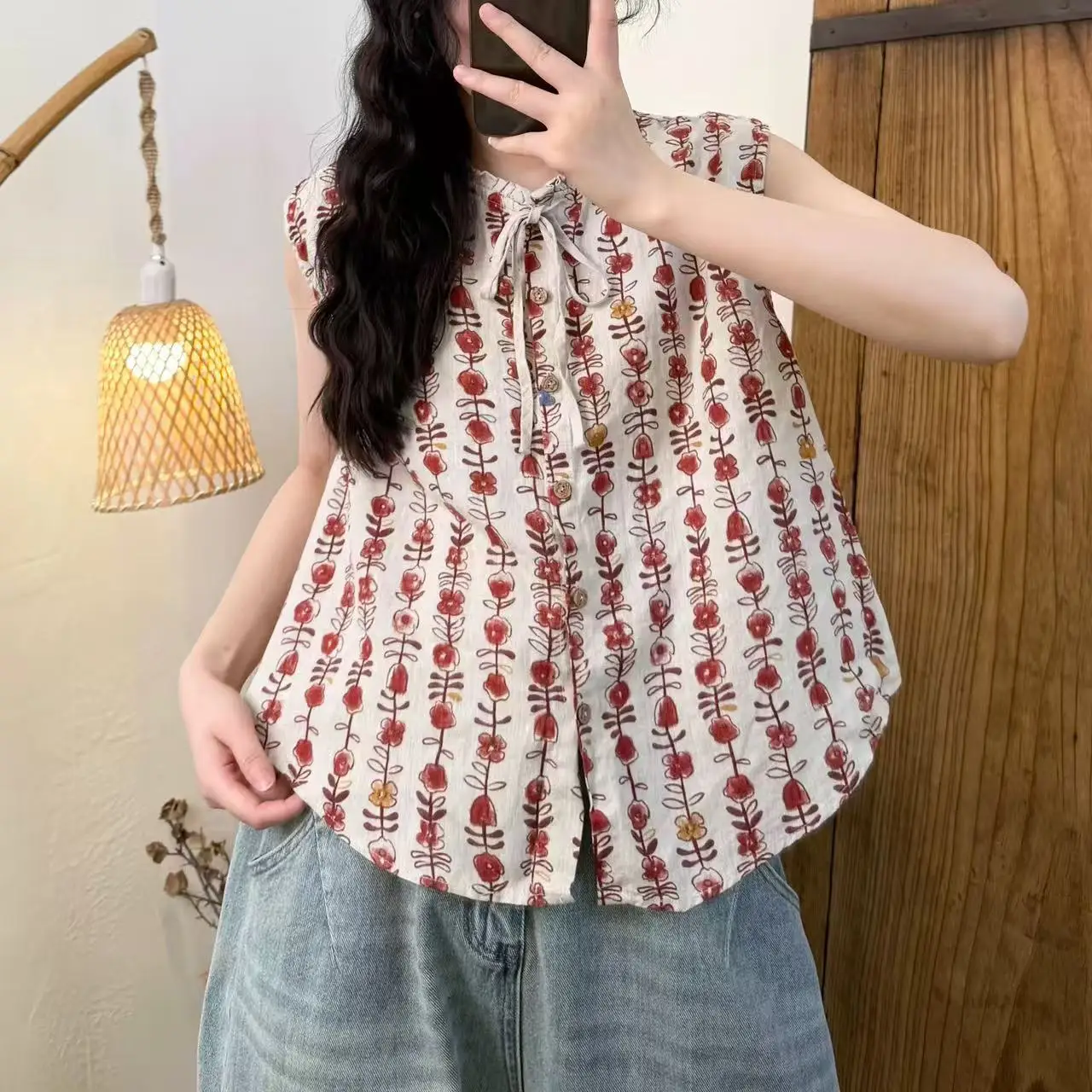 

Summer new casual versatile fungus collar buckle print rain dew linen sleeveless top