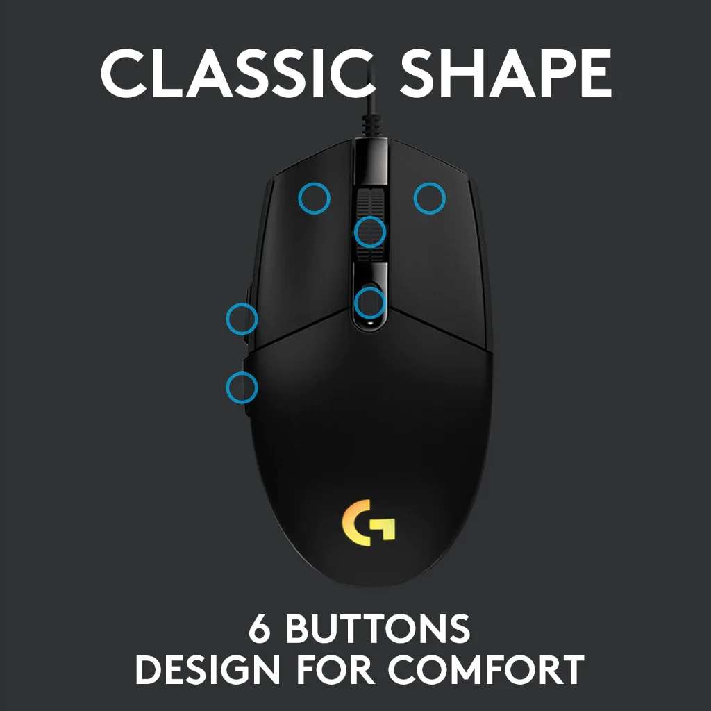 ماوس الألعاب Logitech G102 Prodigy 8000 نقطة في البوصة، 6 أزرار، معدل تقرير 1 مللي ثانية، إضاءة RGB لـ eSports FPS MOBA، كمبيوتر ألعاب الكمبيوتر
