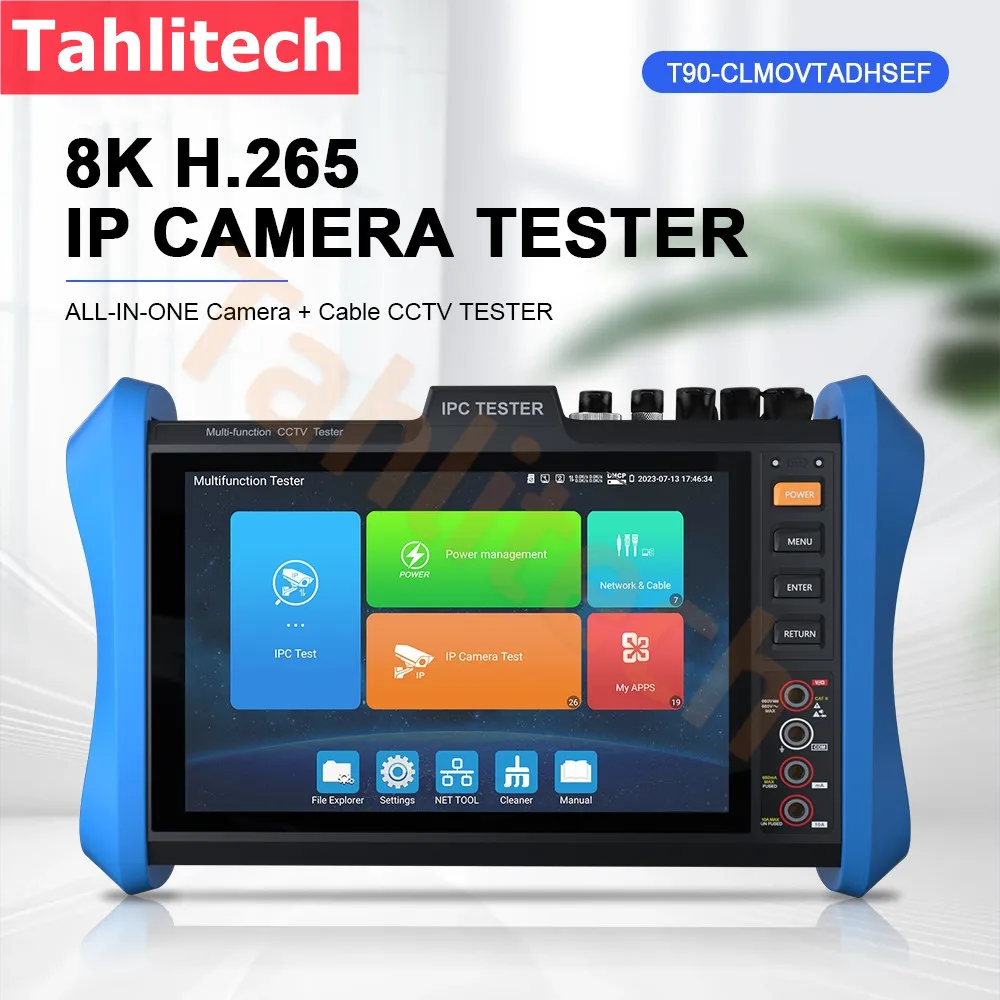 T90 CCTV Tester All-in-One 4K H.265 IP Camera Tester,8inch 8MP CVI/TVI/AHD,HDMI&VGA input PoE++ 55V/60W,Wi-Fi Analyzer,SFP Port