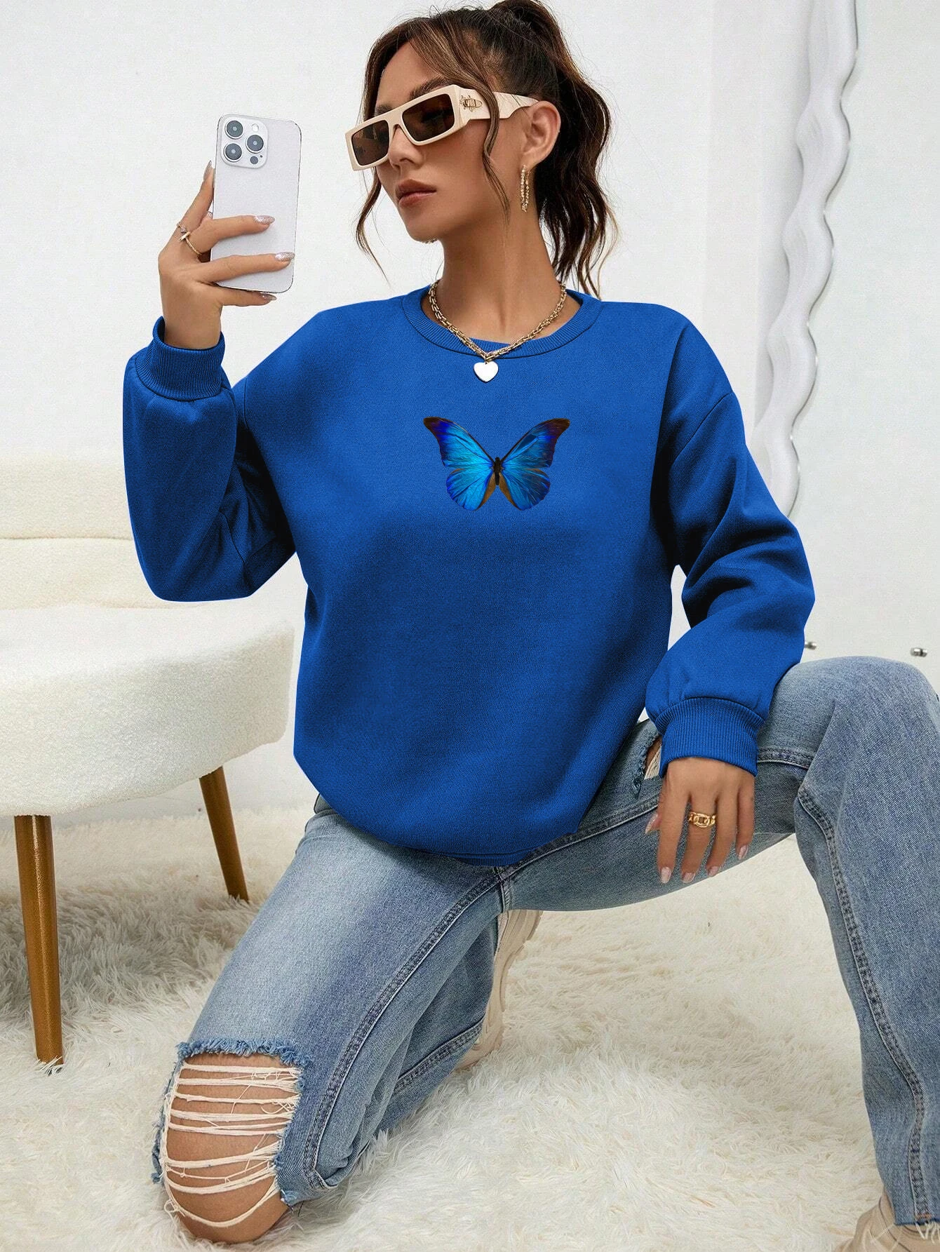 Blue Butterfly Printed Women Topsharajuku Loose Sweatshirt Fashion Fleece Warm Tracksuit Vintage Autumn Crewneck Clothes Female