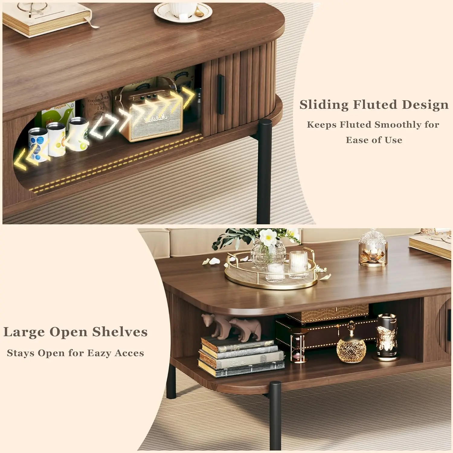 طاولة شاي، طاولة قهوة حديثة في غرفة المعيشة في منتصف القرن الثاني والعشرين، طاولة قهوة مع رف تخزين، مع أخاديد #6