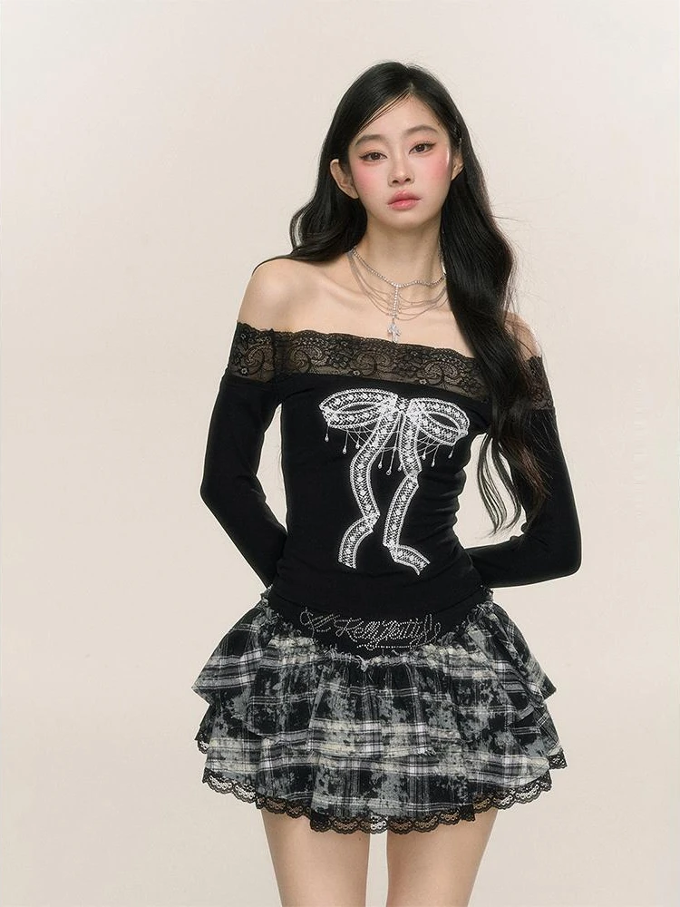 Vintage Grunge Bottoming Tops Tees Sexy Lace Patchwork T-Shirts with Hooded Women Slim Subculture Clothing Y2k Aesthetic Shirts