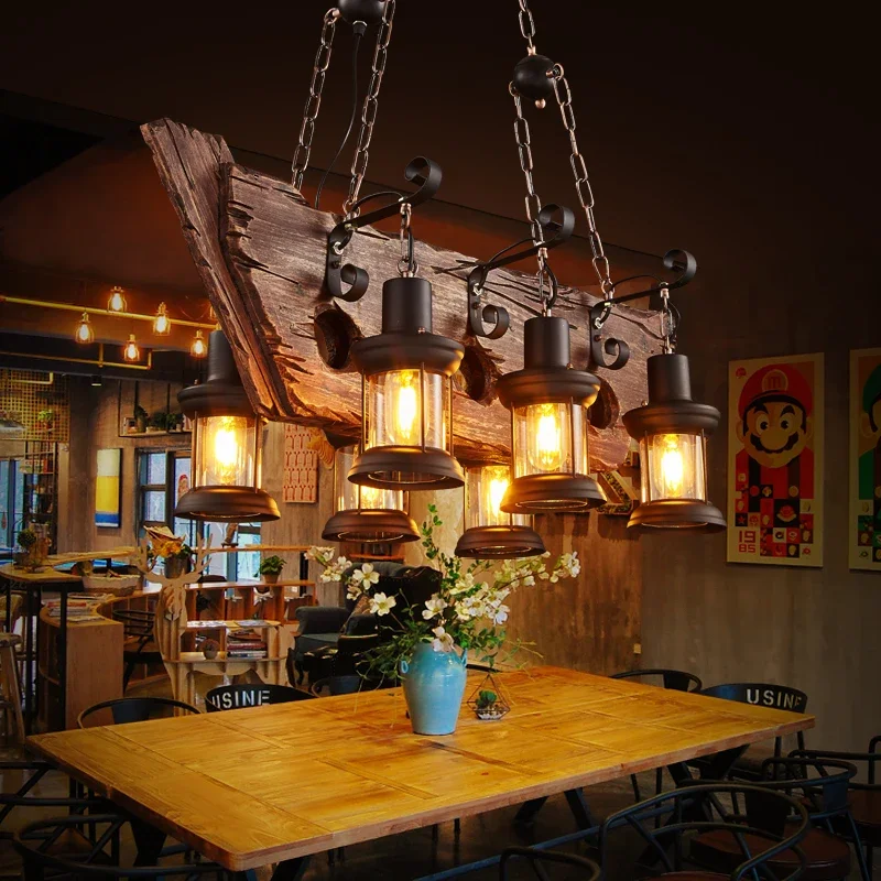 

Vintage Wood LED Chandelier for Dining Room Food Tables Kitchen Teahouse Bar Pendant Lights Home Decor Hanging Light Fixture