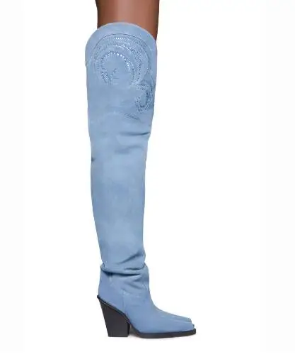 New Light Blue Camel Black Suede Pointed Toe Chunky Heels Over The Knee Boots Women Bling Crystal Rhinestone Run Way Thigh Boots