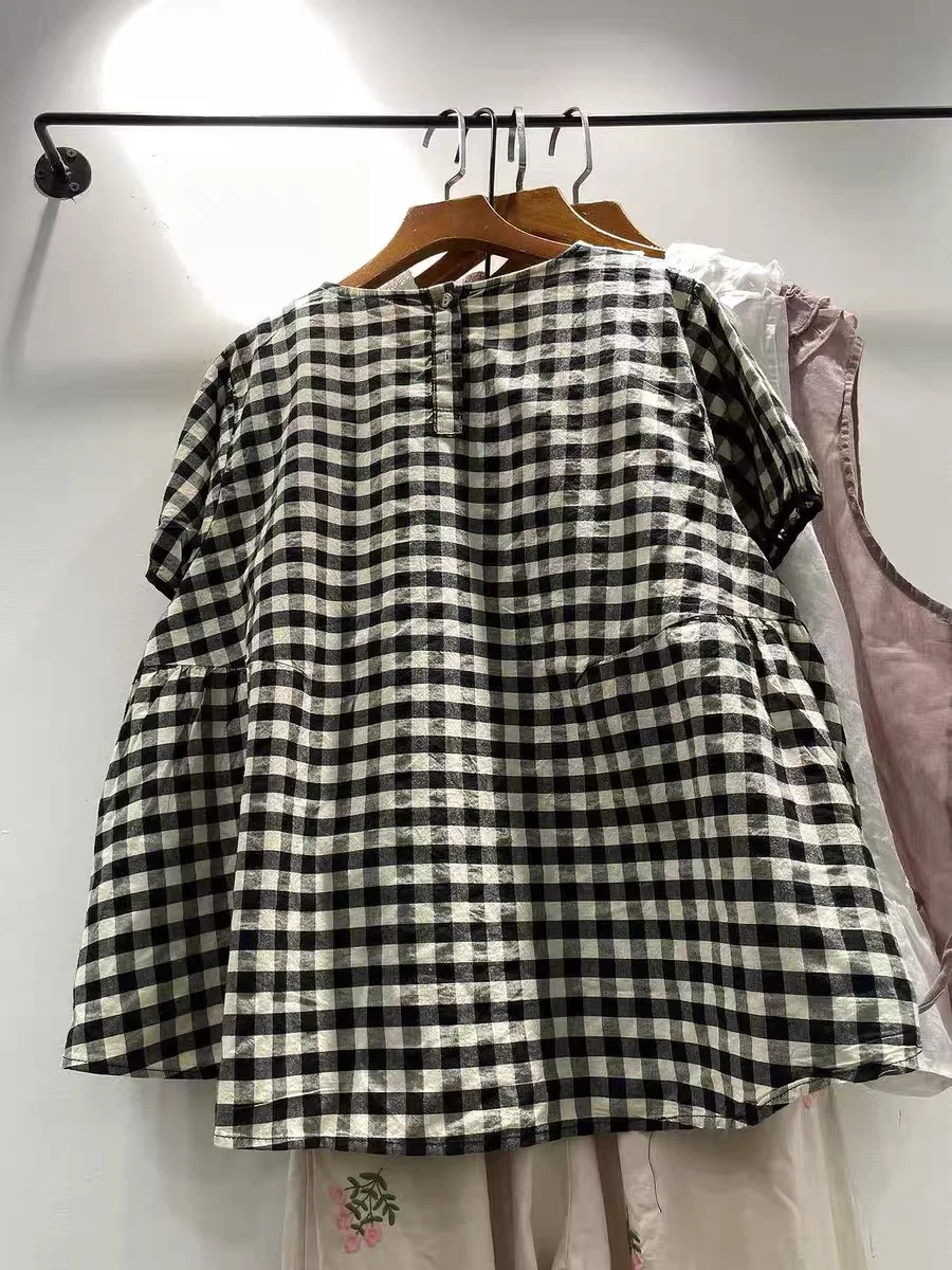Mori Girl Cute Japanese Style Black White Checkered Shirt for Women Cotton Lace Trim Peter Pan Collar Short Sleeve Babydoll Top