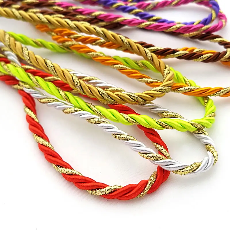 3MM 4MM 5MM Gold Color Thread and Color Polyester Three Strands Twisted Rope Cords Diy Jewelry Findings Accessories