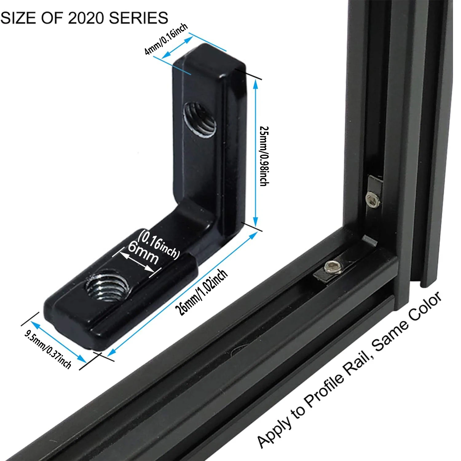 20Pcs  Black 2020 Series L-Shape Interior Inside Corner Connector Joint Bracket with Screws for 20x20 Series Aluminum Extrusion