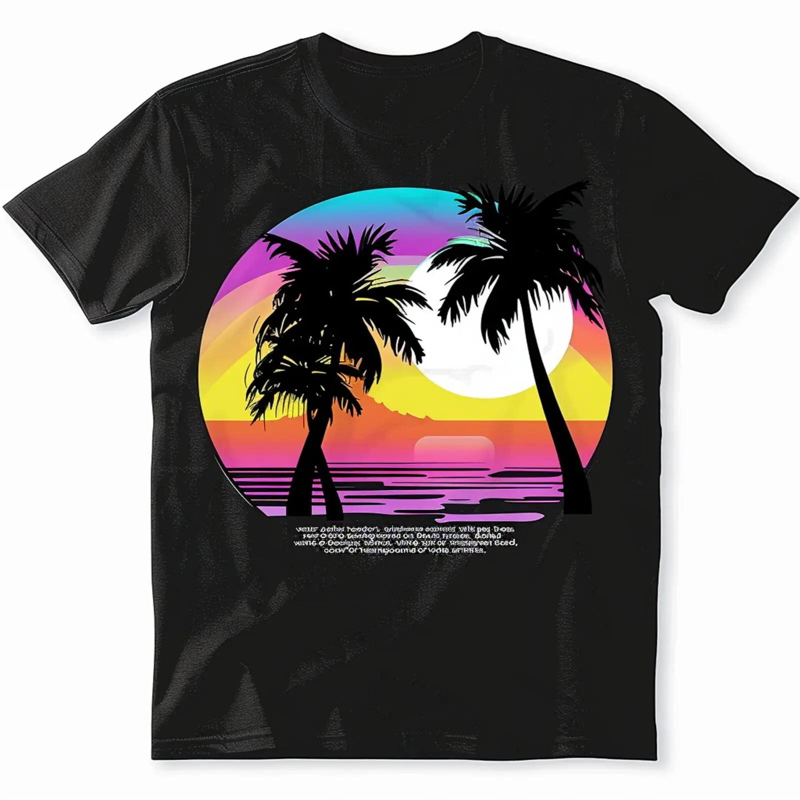 

Retro Synthwave Vibes: Palm Trees Sunset and Colors on Black Tees Designs